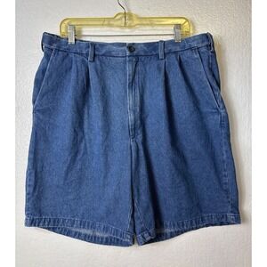 Haggar Shorts Mens 38 Pleated Blue Denim Relaxed Fit Casual Golf Travel
